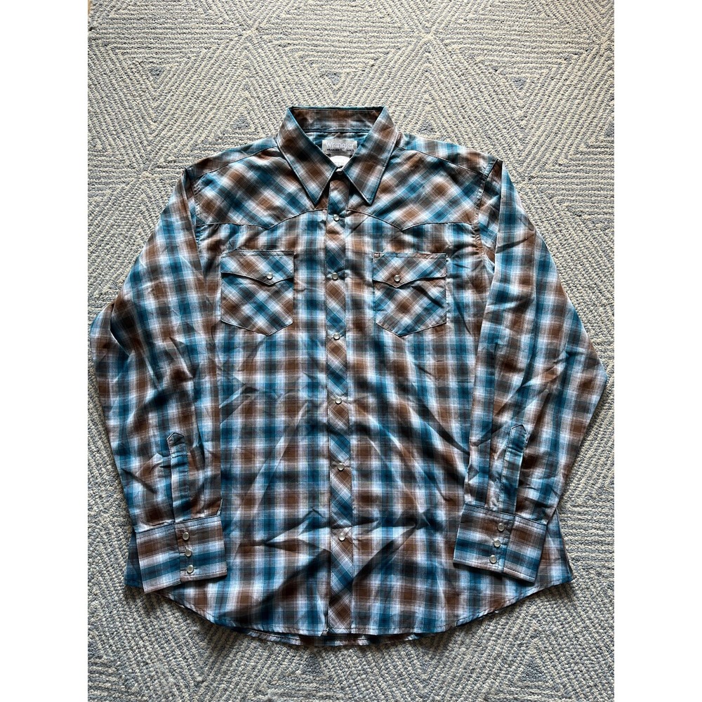 Wrangler Wrancher Long Sleeve Pearl Snap Button Shirt - Green/Brown/White - XL‎